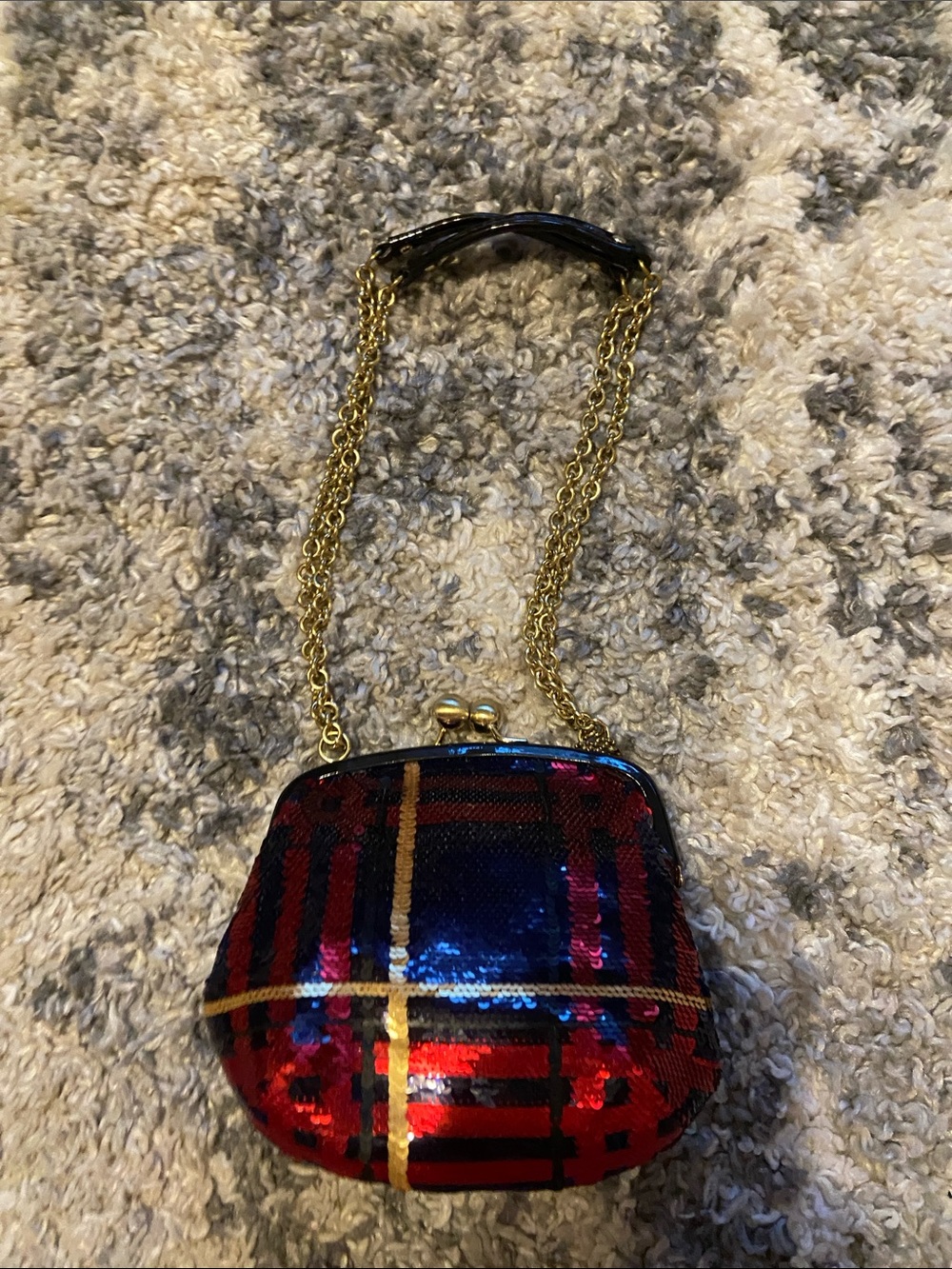 Coach Sequin Plaid Clutch in Red and Blue with Gold Chain
